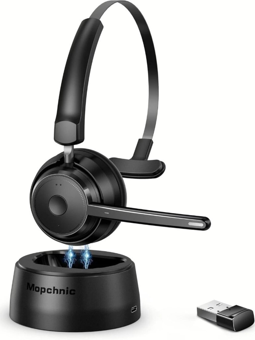 Mopchnic Bluetooth Headset w/ AI Noise Canceling Mic + USB Dongle - Black
